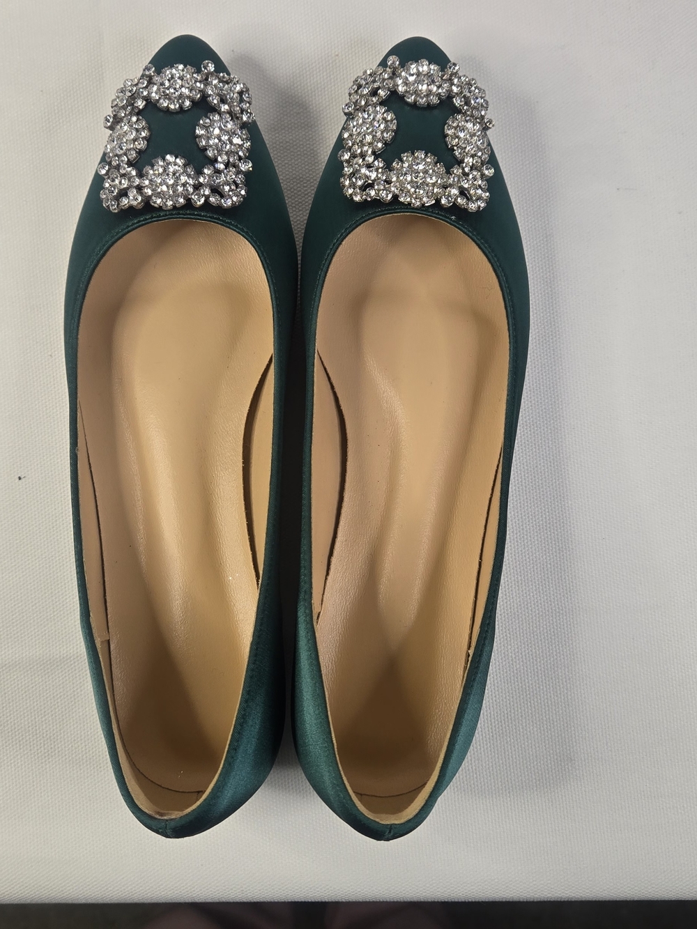 Emerald Crystal Buckle Satin Flats
